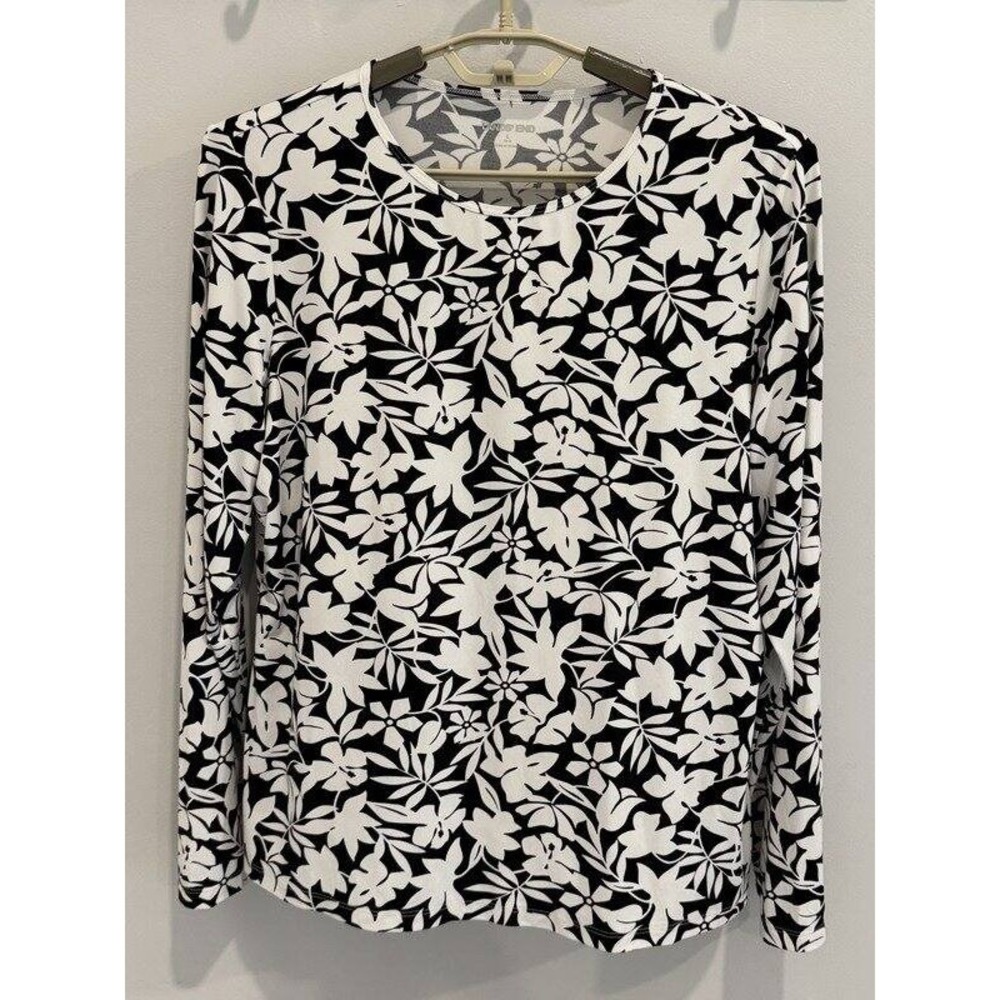 Lands End Womens Swimsuit Rashguard Long Sleeve Black White Floral Print L 14 16